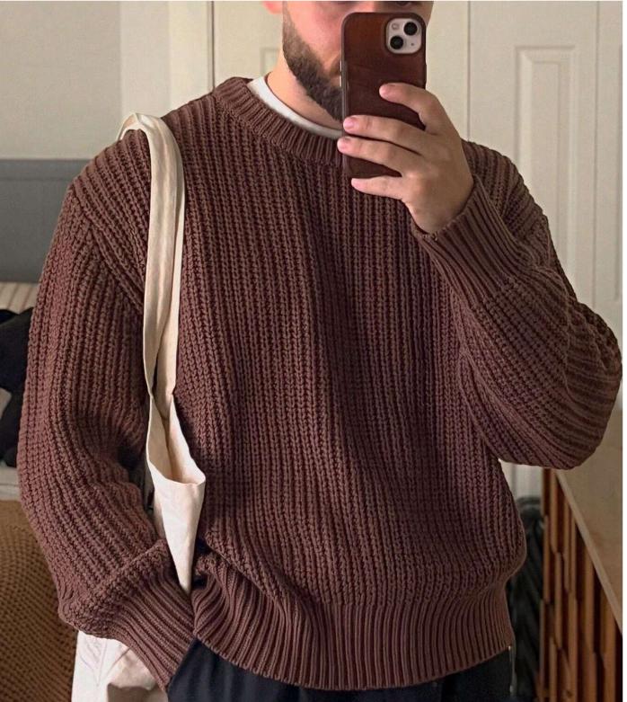 Men's Plus Size Solid Color Crew Neck Long Sleeve Loose Knit Sweater For Casual Wear, Autumn & Winter Knitwear Menswear Stylish Tops