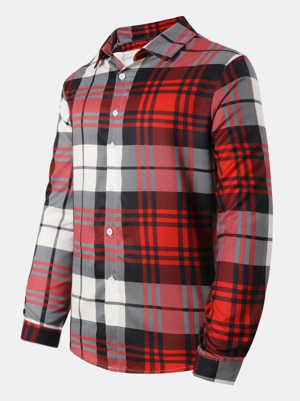 Men's Plaid Print Button Front Shirt, Regular Fit Casual Long Sleeve Collared Top for Spring & Fall, Men's Clothes for Daily Wear