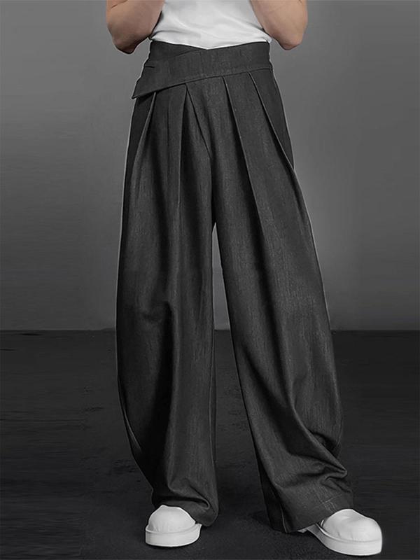 Men's Solid Plicated Wide Leg Pants, Loose Casual Comfy Pocket Trousers for Daily Wear, Woven Bottoms for All Seasons