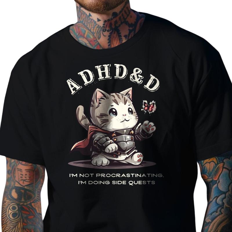 Dungeons and Dragons Adhd&d I'm Not Procrastinating I'm Doing Side Quests Cat T-Shirt, Dnd Vintage Tee