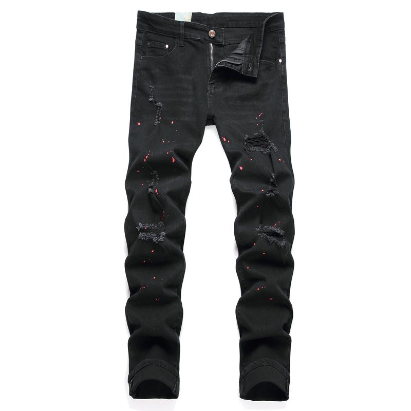 High quality American style Purple Jeans Men High Street Black Paint Dot Knife Cut Hole Repair Low Rise Skinny Denim Pants