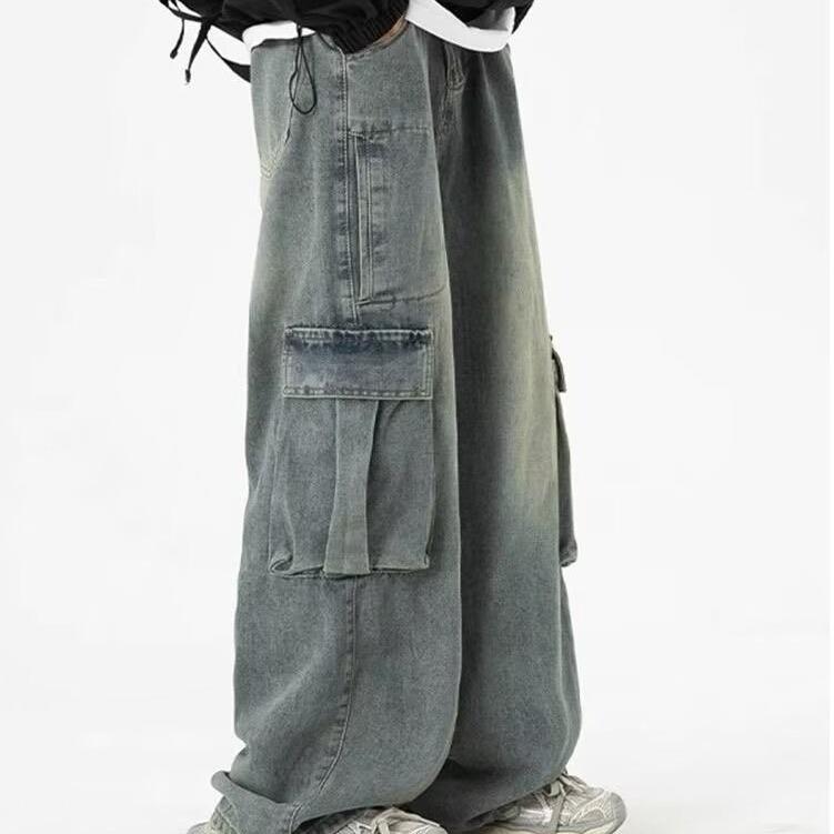 Washed Large Pocket Jeans Men's High Street Retro Workwear Wide Leg Trousers Baggy Straight Trousers