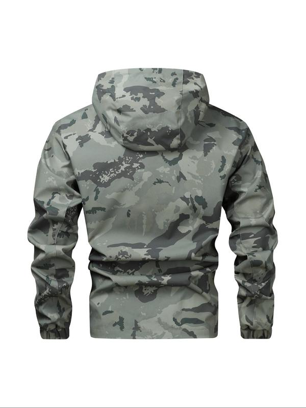 Men's Camo Print Zip Up Hooded Jacket, Casual Long Sleeve Drawstring Pocket Waterproof Jacket for Outdoor Activities, Windbreaker Jackets, Fashion Men's Outerwear for All Seasons