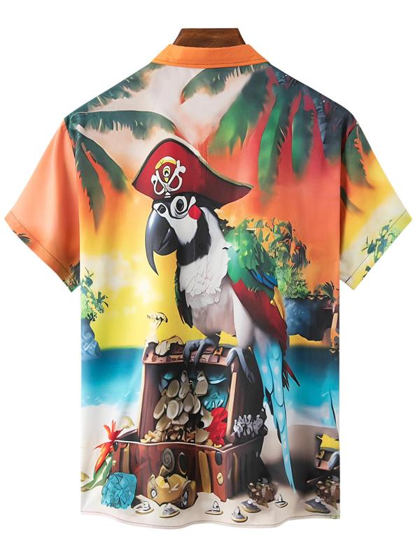 Men's Cartoon Parrot Print Pocket Button Front Shirt, Summer Clothes, Regular Fit Casual Short Sleeve Collared Top for Summer, Men's Clothes for Beach Vacation