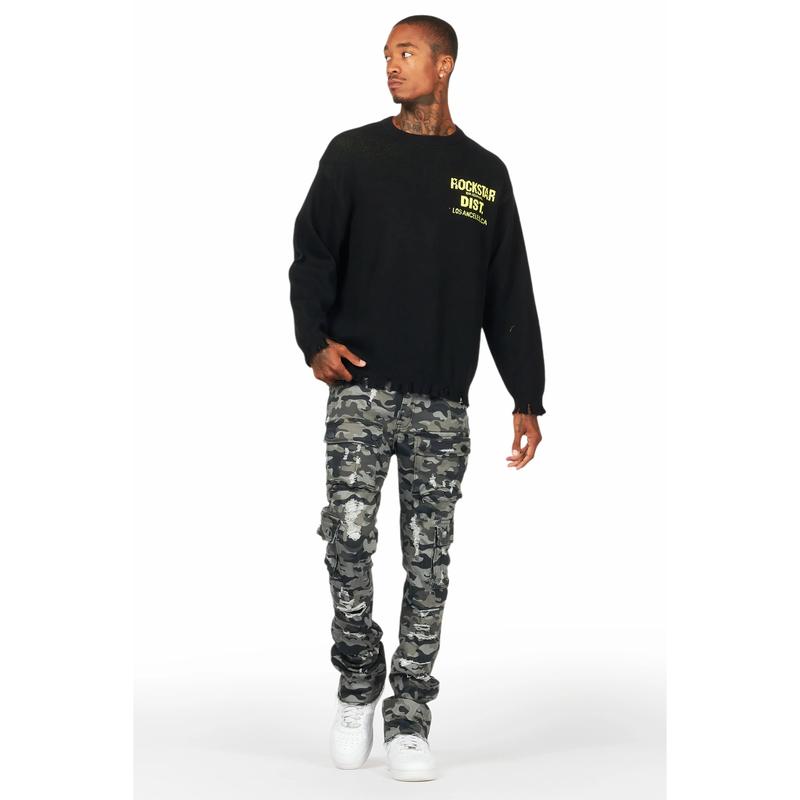 Zaid Grey Camo Stacked Flare Jean