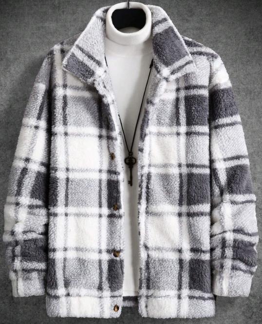 Men Plaid Pattern Teddy Jacket Without Sweater Menswear Tops Coats Casual Collar Stylish Long Sleeve