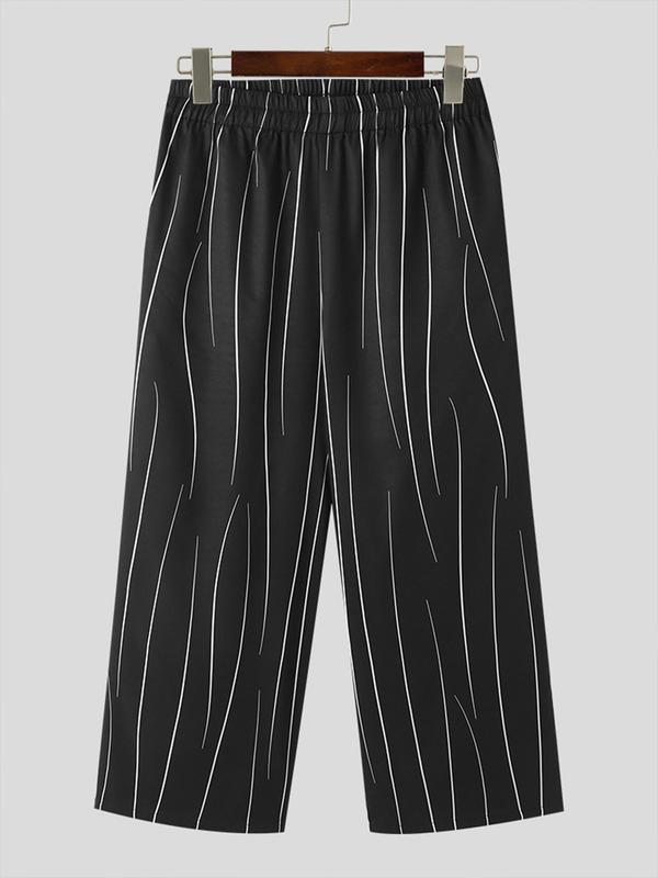 Men's Striped Print Pocket Pants, Loose Casual Comfy Elastic Waist Trousers for Daily Outdoor Wear, Bottoms for Summer