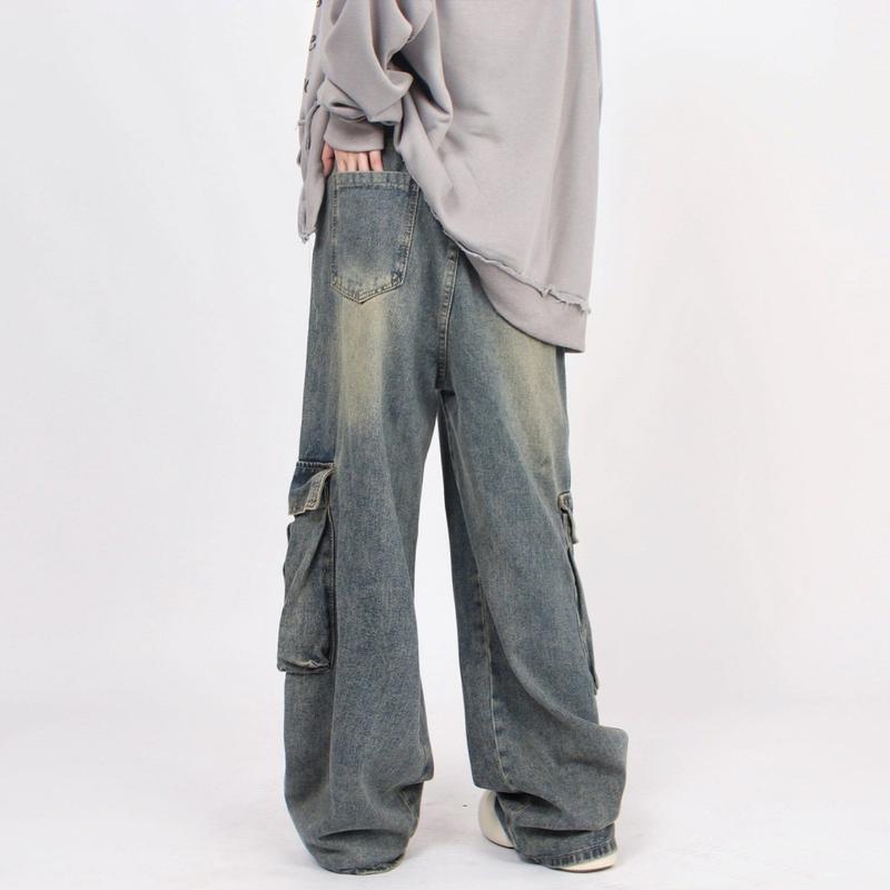 Washed Large Pocket Jeans Men's High Street Retro Workwear Wide Leg Trousers Baggy Straight Trousers