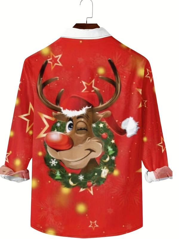 Men's  Christmas  Reindeer Print Zip Up Polo Shirt, Regular Fit Casual Long Sleeve Collared Top for All Seasons, Fashion Men's Clothes for Daily Wear