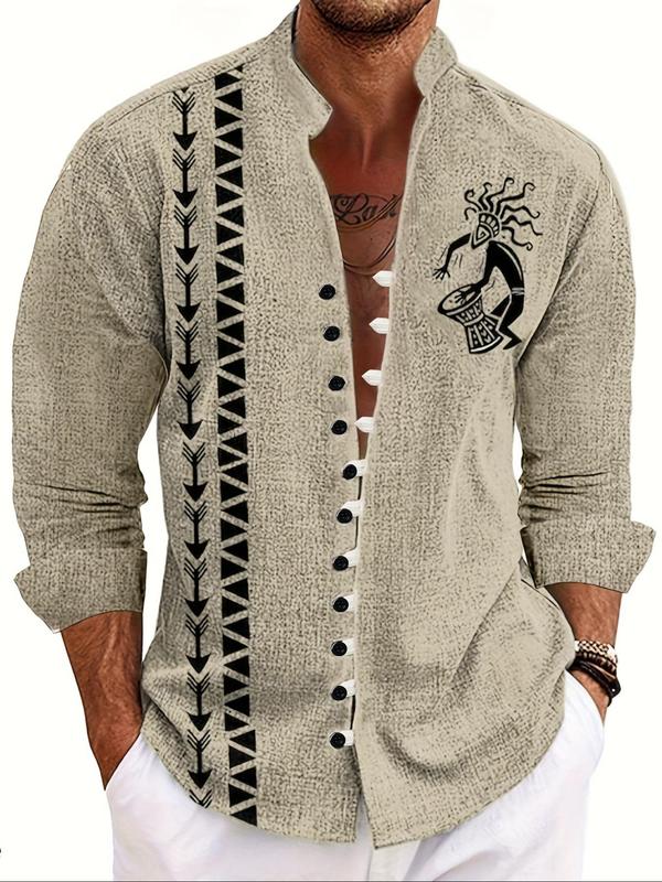 Men's Tribal Print Button Front Shirt, Regular Fit Casual Long Sleeve Stand Collar Top for Fall & Winter, Men's Clothes for Daily Wear