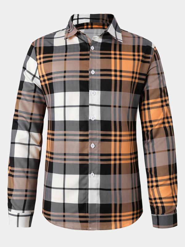 Men's Plaid Print Button Front Shirt, Regular Fit Casual Long Sleeve Collared Top for Spring & Fall, Men's Clothes for Daily Wear