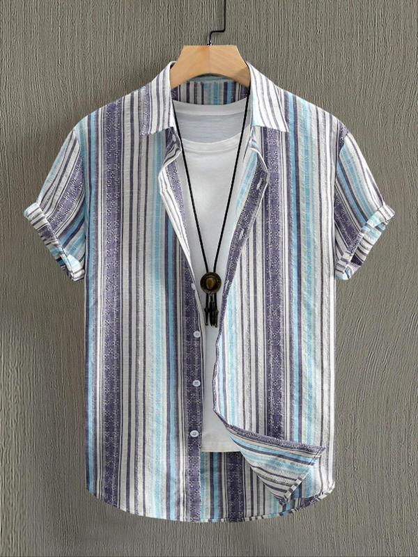 Men's Striped Print Button Front Shirt, Regular Fit Casual Short Sleeve Collared Top for Summer, Men's Clothes for Daily Wear