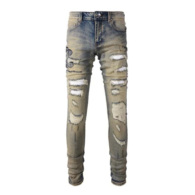 Men's Punk Embroidered Snake Patchwork Snake Leather Holes Jeans Street Hip Hop Jeans Designer Ripped Fashion Slim Black Pant