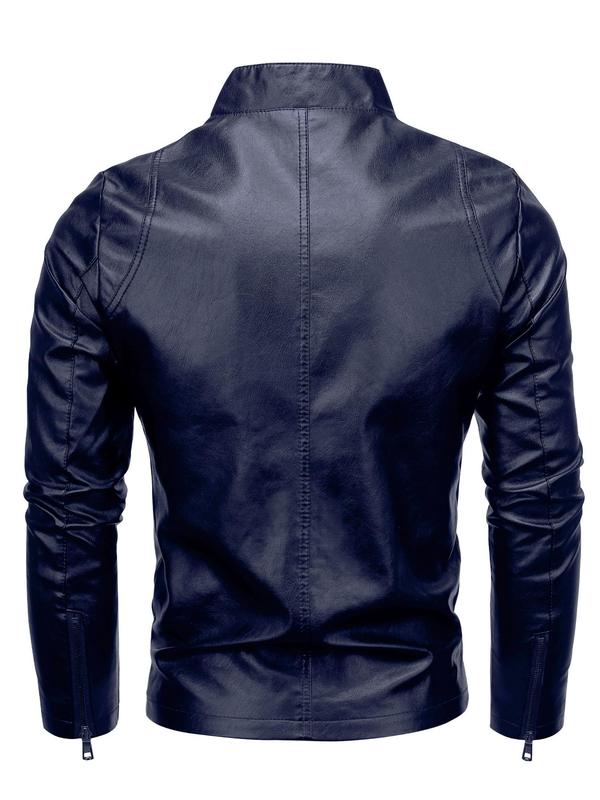 Men's Regular Fit Solid Pocket Zipper High Neck Pu Leather Jackets, Fashion Casual Long Sleeve Outerwear for Outdoor Wear, Men Cloths for All Seasons, Men Designer Jacket, Men's Clothing