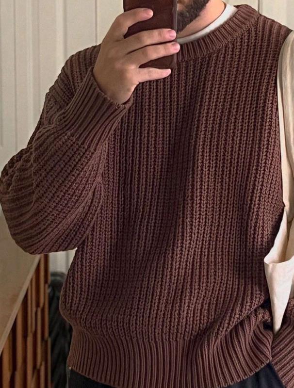 Men's Plus Size Solid Color Crew Neck Long Sleeve Loose Knit Sweater For Casual Wear, Autumn & Winter Knitwear Menswear Stylish Tops