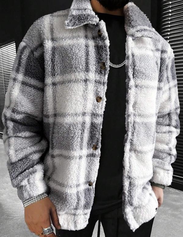 Men Plaid Pattern Teddy Jacket Without Sweater Menswear Tops Coats Casual Collar Stylish Long Sleeve