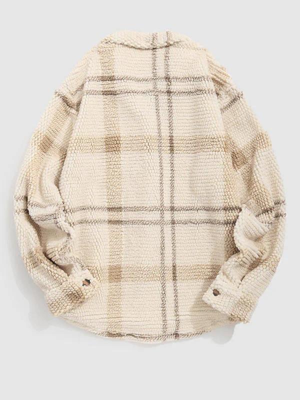 Men's Plaid Print Button Front Fleece Jacket, Regular Fit Casual Long Sleeve Pocket Outerwear for Fall & Winter, Men's Clothes for Daily Wear