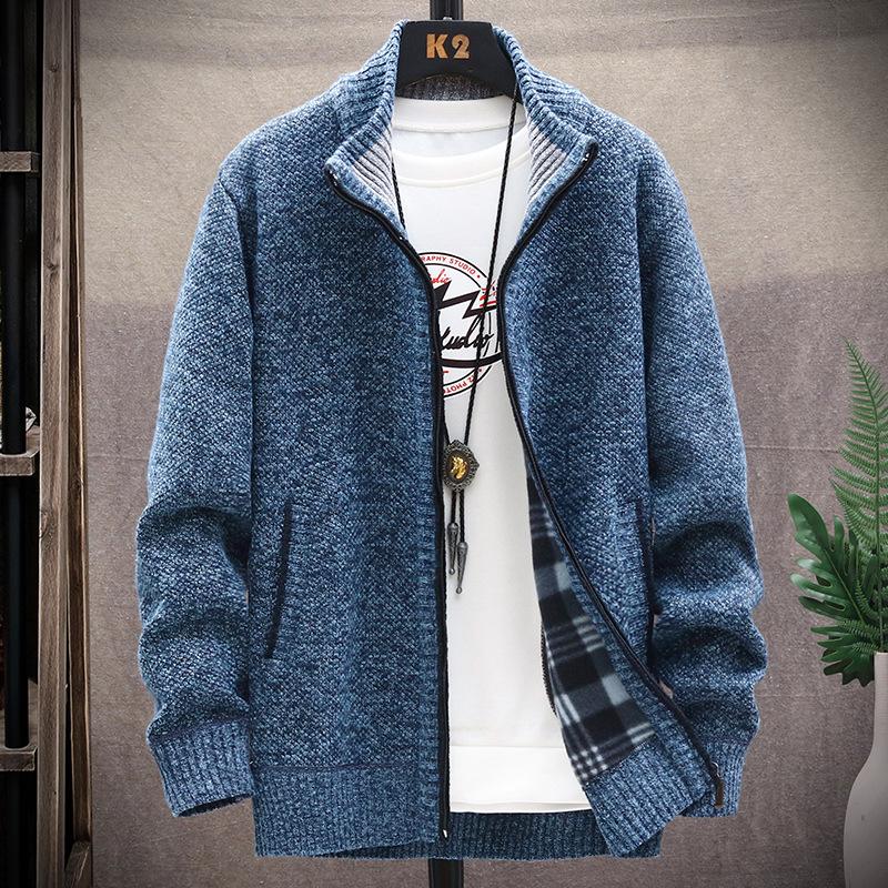 Men's Fleece-lined Thickened Sweater Coat Autumn and Winter New Casual Outerwear Knitwear plus Size Solid Color Stand Collar Top