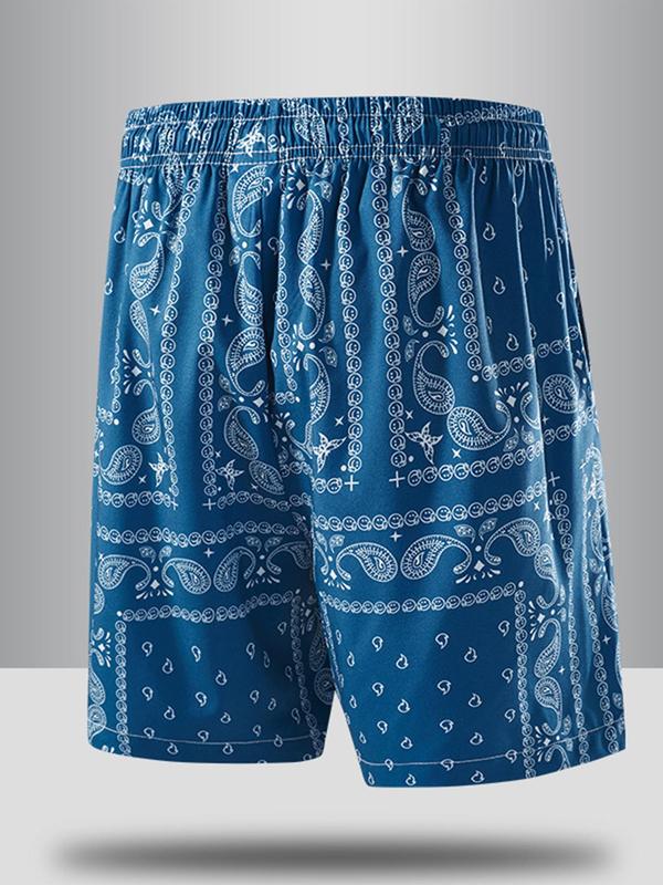 Men's Paisley Print Drawstring Waist Shorts Set, Summer Clothes for Men, Back To School Outfits, Boho Casual Pocket Elastic Waist Beach Shorts, Summer Bottoms for Men, Menswear, Shorts for Men, Summer Outfits 2024