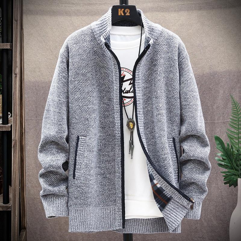 Men's Fleece-lined Thickened Sweater Coat Autumn and Winter New Casual Outerwear Knitwear plus Size Solid Color Stand Collar Top