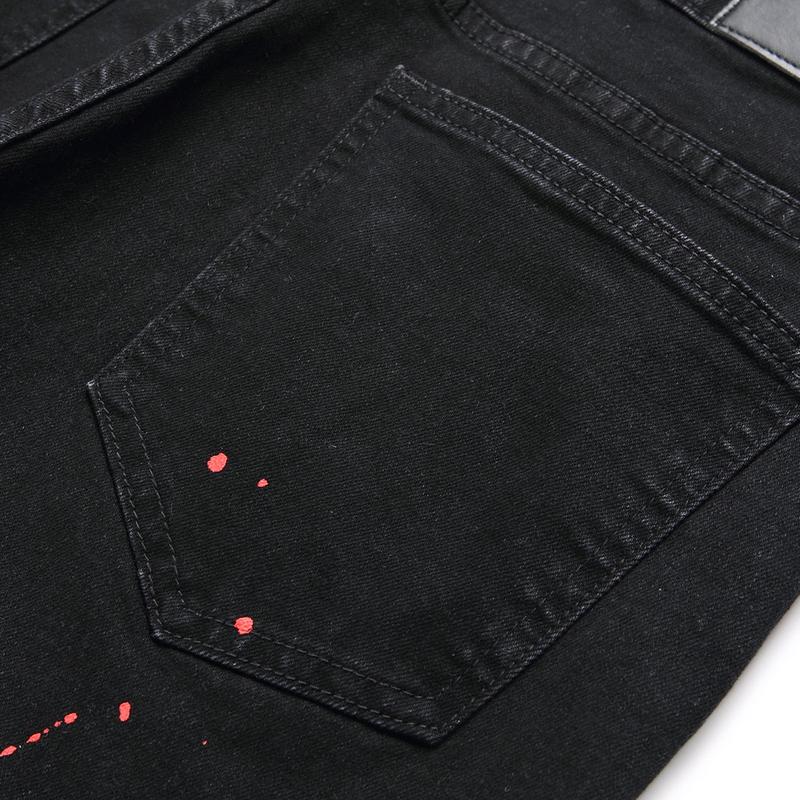 High quality American style Purple Jeans Men High Street Black Paint Dot Knife Cut Hole Repair Low Rise Skinny Denim Pants