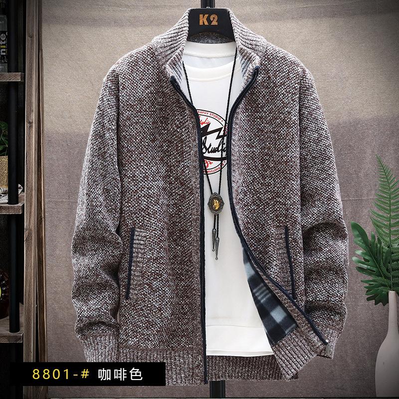 Men's Fleece-lined Thickened Sweater Coat Autumn and Winter New Casual Outerwear Knitwear plus Size Solid Color Stand Collar Top