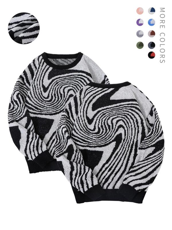 Fall Men's All Over Print Contrast Binding Sweater, Regular Fit Casual Streetwear Drop Shoulder Round Neck Jumper, Y2k Stylish Menswear, Vintage Clothing