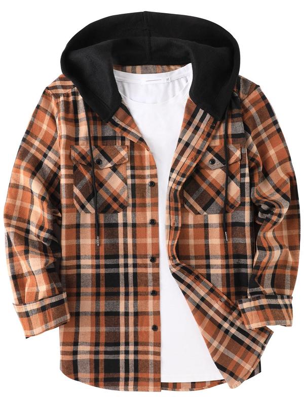 Men's Colorblock Plaid Print Button Front Hooded Jacket, Regular Fit Casual Drawstring Pocket Long Sleeve Outerwear for Spring & Fall, Men's Clothes for Daily Wear