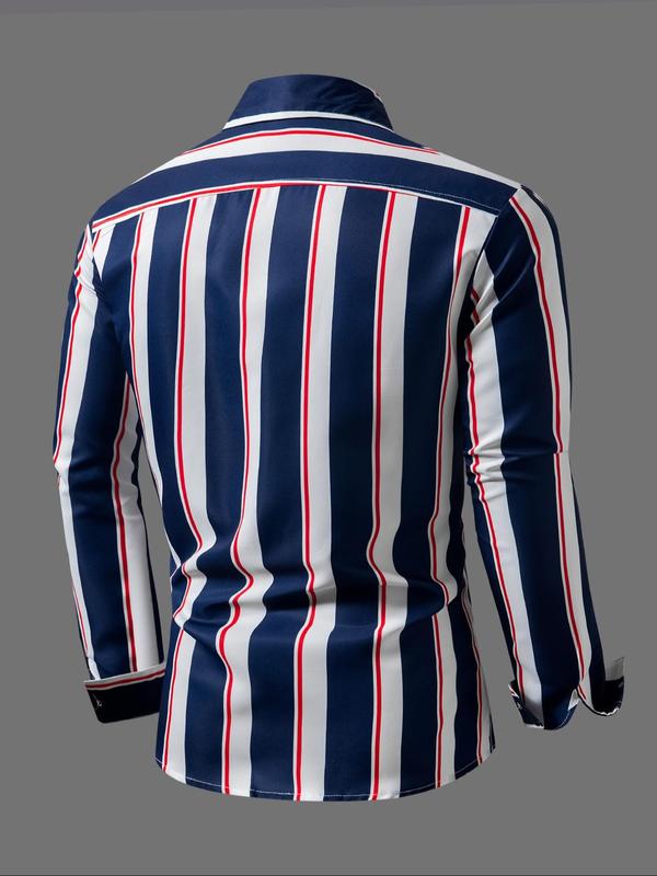 Men's Random Striped Print Button Front Shirt, Regular Fit Casual Long Sleeve Collared Top for All Seasons, Fashion Men's Clothes for Daily Wear