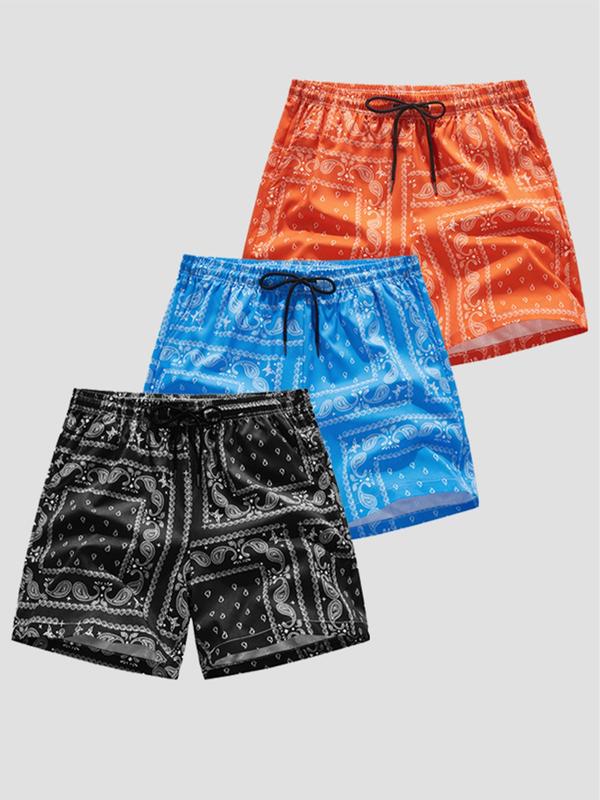 Men's Paisley Print Drawstring Waist Shorts Set, Summer Clothes for Men, Back To School Outfits, Boho Casual Pocket Elastic Waist Beach Shorts, Summer Bottoms for Men, Menswear, Shorts for Men, Summer Outfits 2024