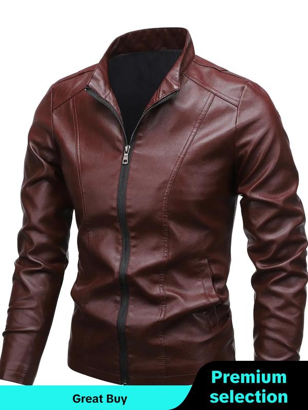 Men's Regular Fit Solid Pocket Zipper High Neck Pu Leather Jackets, Fashion Casual Long Sleeve Outerwear for Outdoor Wear, Men Cloths for All Seasons, Men Designer Jacket, Men's Clothing