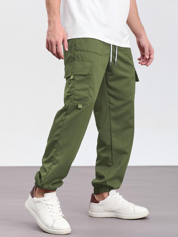 Men's Solid Flap Pocket Drawstring Waist Cargo Pants, Street Fashion Casual Loose Fit Pants for Daily Wear, Men's Trousers for All Seasons