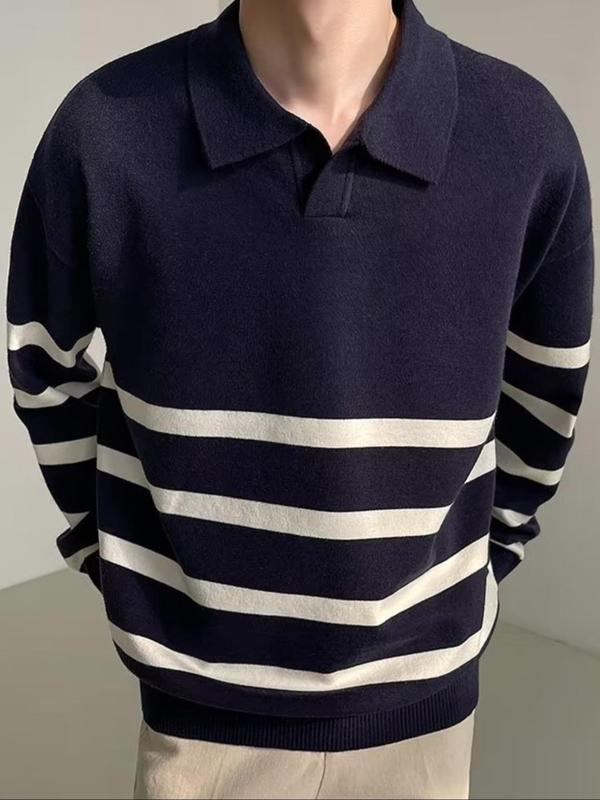 Men's Striped Print Polo Shirt, Loose Casual Long Sleeve Collared Shirt for Fall & Winter, Men's Knitwear for Daily Wear