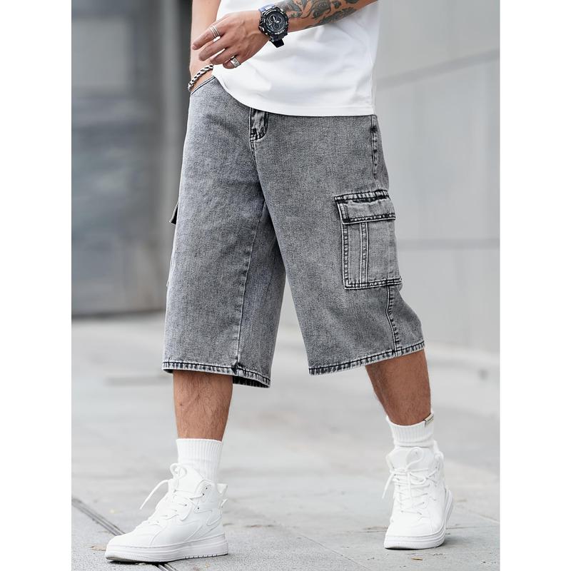 New-Summer Fashion Denim Shorts - Men's Loose Fit Casual Jeans with Flap Pockets, Versatile Jorts for Outdoor Activities - Perfect for Hot Weather Cotton Menswear Viscose Wide Leg