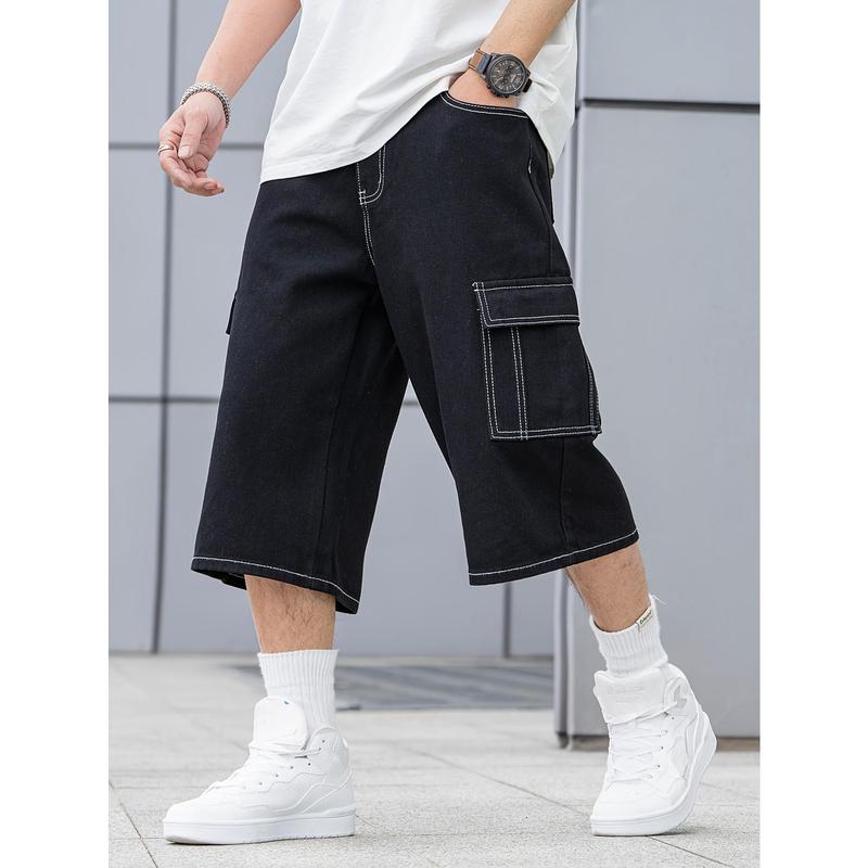 New-Summer Fashion Denim Shorts - Men's Loose Fit Casual Jeans with Flap Pockets, Versatile Jorts for Outdoor Activities - Perfect for Hot Weather Cotton Menswear Viscose Wide Leg