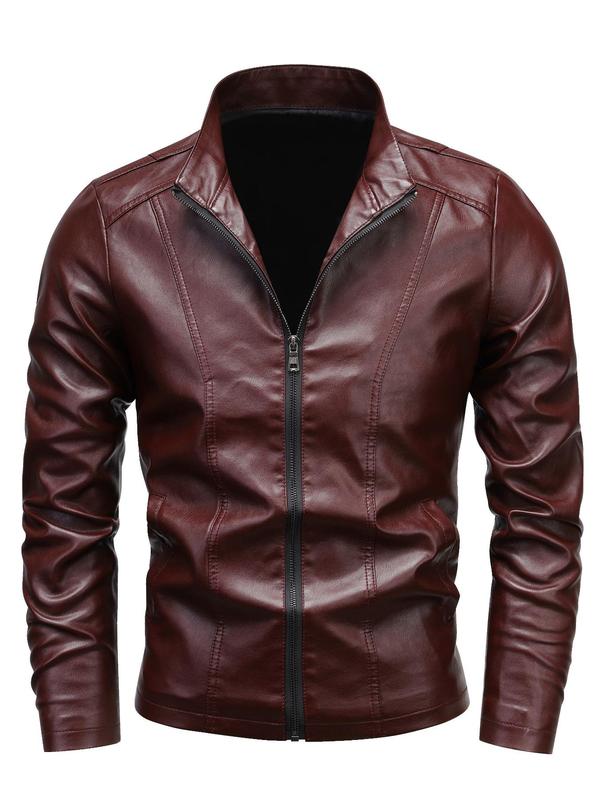 Men's Regular Fit Solid Pocket Zipper High Neck Pu Leather Jackets, Fashion Casual Long Sleeve Outerwear for Outdoor Wear, Men Cloths for All Seasons, Men Designer Jacket, Men's Clothing