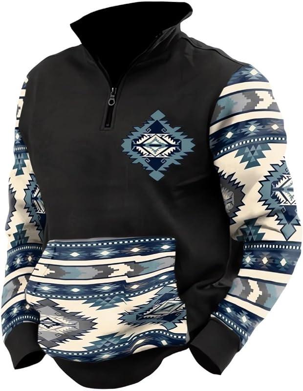 Aztec Cowboy Mens Hoodie Vintage Graphic Western Hoodies for Men Casual Long Sleeve Half Zip Pullover with Pocket Menswear Stylish