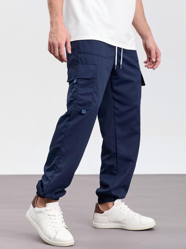 Men's Solid Flap Pocket Drawstring Waist Cargo Pants, Street Fashion Casual Loose Fit Pants for Daily Wear, Men's Trousers for All Seasons