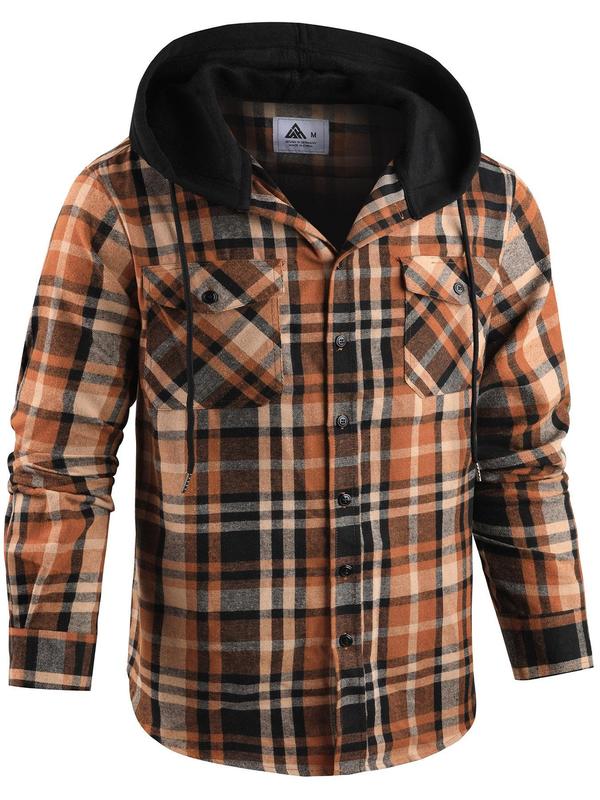 Men's Colorblock Plaid Print Button Front Hooded Jacket, Regular Fit Casual Drawstring Pocket Long Sleeve Outerwear for Spring & Fall, Men's Clothes for Daily Wear