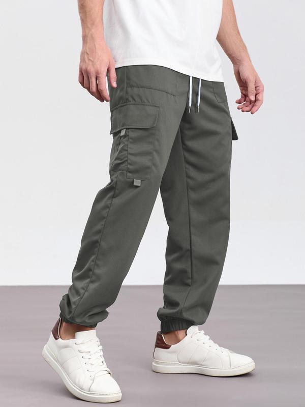 Men's Solid Flap Pocket Drawstring Waist Cargo Pants, Street Fashion Casual Loose Fit Pants for Daily Wear, Men's Trousers for All Seasons