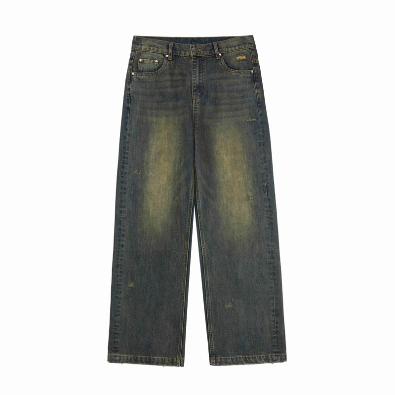 PCLP&Psylos1 Yellow Mud Distressed Jeans Men's autumn high street American loose straight trousers men's clothing