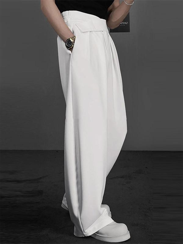 Men's Solid Plicated Wide Leg Pants, Loose Casual Comfy Pocket Trousers for Daily Wear, Woven Bottoms for All Seasons