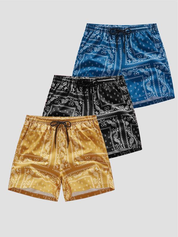 Men's Paisley Print Drawstring Waist Shorts Set, Summer Clothes for Men, Back To School Outfits, Boho Casual Pocket Elastic Waist Beach Shorts, Summer Bottoms for Men, Menswear, Shorts for Men, Summer Outfits 2024