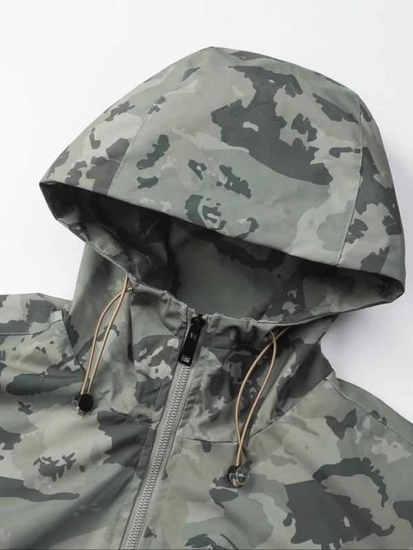 Men's Camo Print Zip Up Hooded Jacket, Casual Long Sleeve Drawstring Pocket Waterproof Jacket for Outdoor Activities, Windbreaker Jackets, Fashion Men's Outerwear for All Seasons