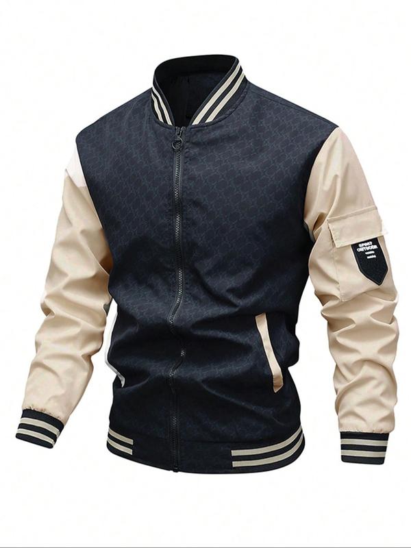 Men's Colorblock Letter Patched Zip Up Pocket Bomber Jacket, Regular Fit Casual Long Sleeve Baseball Collar Outerwear for Spring & Fall, Fashion Men's Clothes for Daily Wear