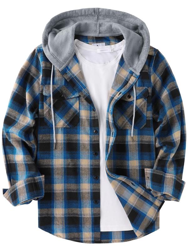 Men's Colorblock Plaid Print Button Front Hooded Jacket, Regular Fit Casual Drawstring Pocket Long Sleeve Outerwear for Spring & Fall, Men's Clothes for Daily Wear