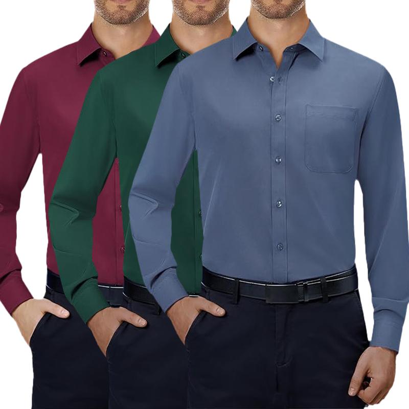 3-Pack Alimens&Gentle Mens  Dress Shirts 4-way Streth Long Sleeve Collared Solid Wedding Dating Button Down Shirts