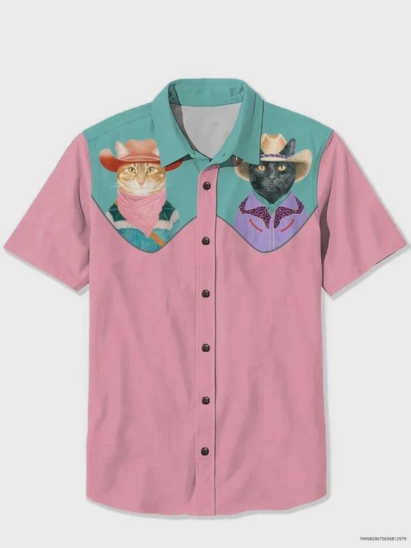 Vintage Cowboy Cat Print Casual Button Shirt, Many Color Options