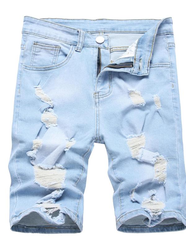 Men's Ripped Zipper Fly Straight Leg Denim Shorts, Casual Comfy Pocket Zipper Jorts for Summer, Shorts for Men, Fashion Men's Bottoms for Daily Wear