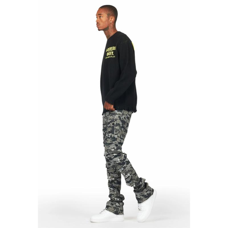 Zaid Grey Camo Stacked Flare Jean